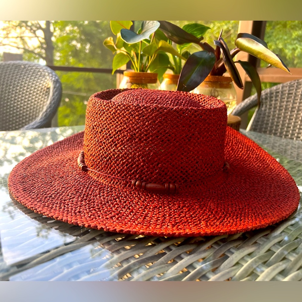 Woven Straw Sun Hat, Maroon